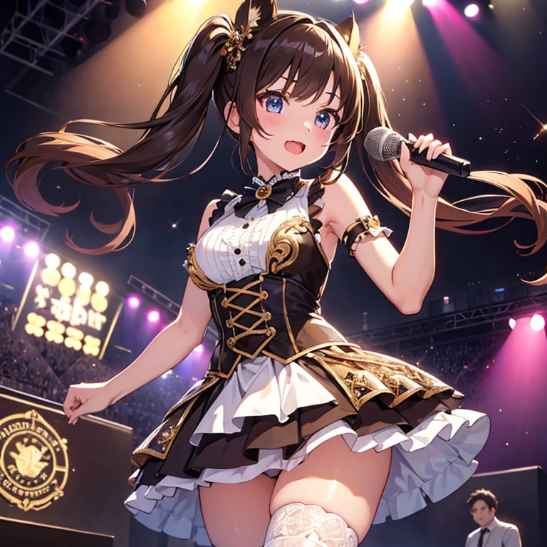 girl, master piece, best quality, ultra-detailed, band stage, glittering idol costumes, brown pigtails