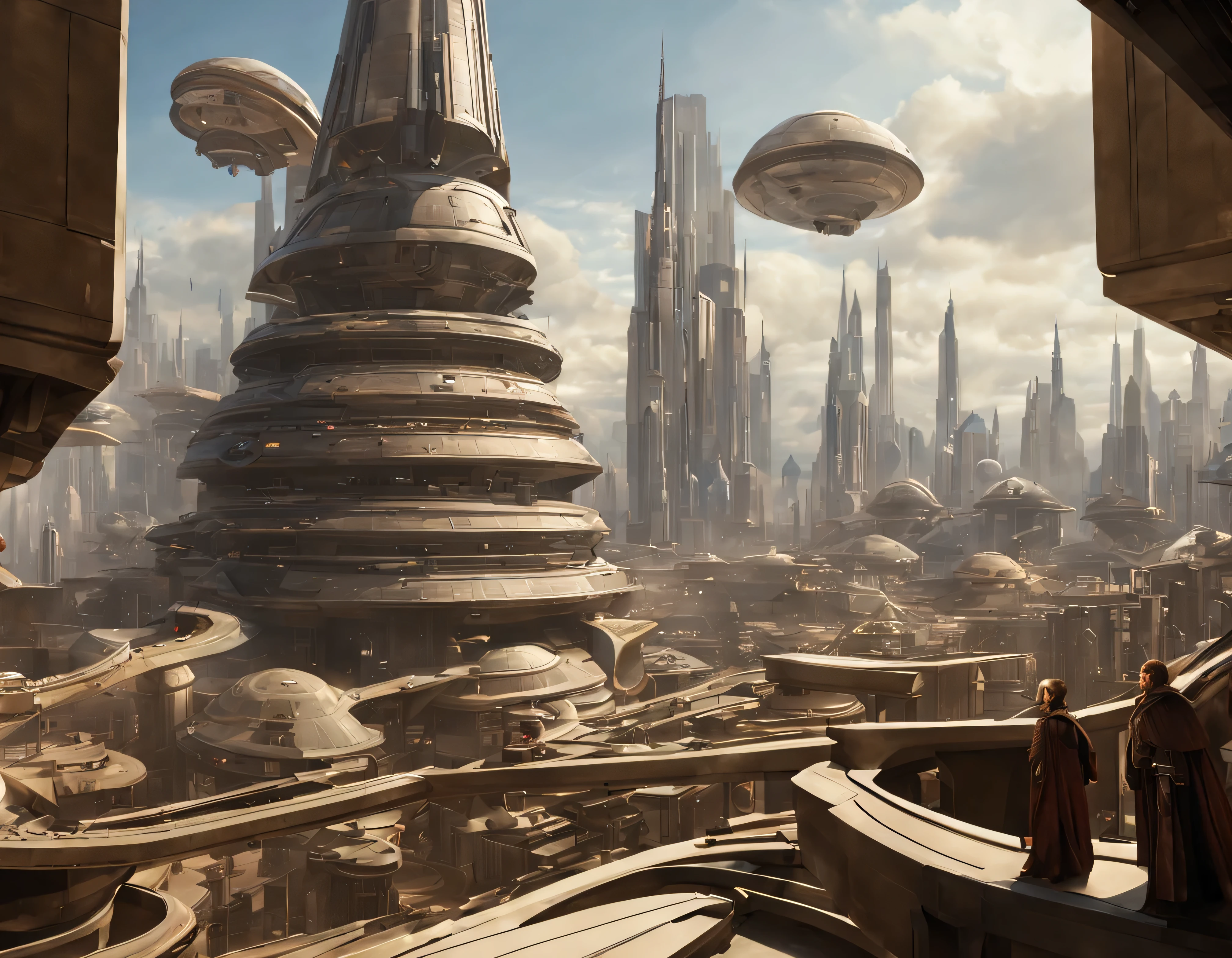 vista desde una terraza de la ciudad de coruscant de star wars, con sus inmensos edificios futuristas, divisandose el templo jedi de coruscant, con una inmensa nave alargada posada en sus inmediaciones, (Design by Doug Chiang), edificios del fondo nitidos y bien definidos, intrincados detalles de la maquina de la mas alta calidad, estilo cinematografico, nitidez absoluta, imagen 8k. (obra maestra de superior calidad).