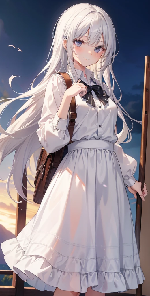 masterpiece, highest quality, High resolution, KR1, gray eyes, smile, fringe, white shirt, long skirt,  small breasts, long white hair, cowboy shot,RPG Traveler