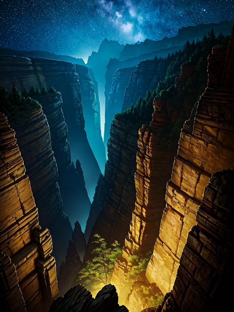 (((masterpiece、Highest image quality、highest quality、highly detailed unity 8kwallpaper)))、(fantasy、Grand canyon)、night、beautiful starry sky、octans