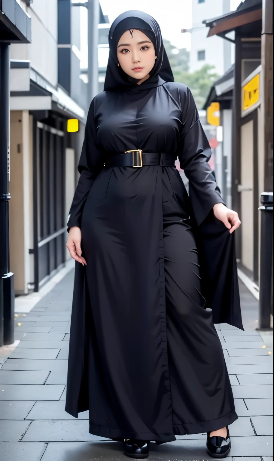 arafed woman in a black robe standing on a sidewalk, hijab fashion model, hijabi outfit, thicc, hijab, korean woman, wearing black robe, asian woman, bbwchan, photograph of a techwear woman, hijab, wearing a black robe, woman in black robes, casual pose, wearing dark robe, asian women, korean girl, red sneakers