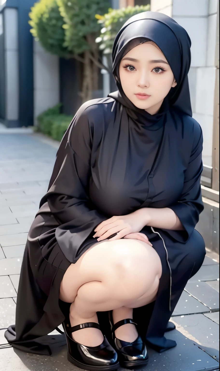 arafed woman in a black robe standing on a sidewalk, hijab fashion model, hijabi outfit, thicc, hijab, korean woman, wearing black robe, asian woman, bbwchan, photograph of a techwear woman, hijab, wearing a black robe, woman in black robes, casual pose, wearing dark robe, asian women, korean girl, red sneakers 