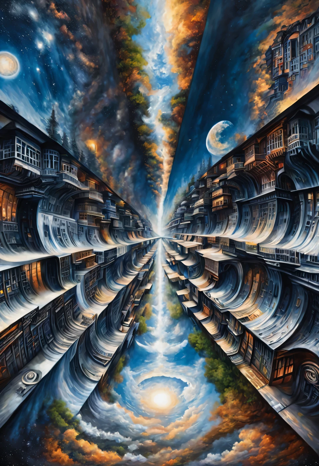 Optical illusion ,Optical illusion,asymmetric twist, A mechanical palace rotating inside a kaleidoscope,(turn face over),The left and right sides of the front face are spliced,Inception,a repeating or spiral shape that moves or changes,or perspective-distorted images that distort perception of depth and space,These images appear to be moving,straight lines are curved,Horizontal,low angle shot,Super wide angle shooting(super wide shot),reflection,Earth'Natural mirror painted as a strange phenomenon, Bring visual impact to people,