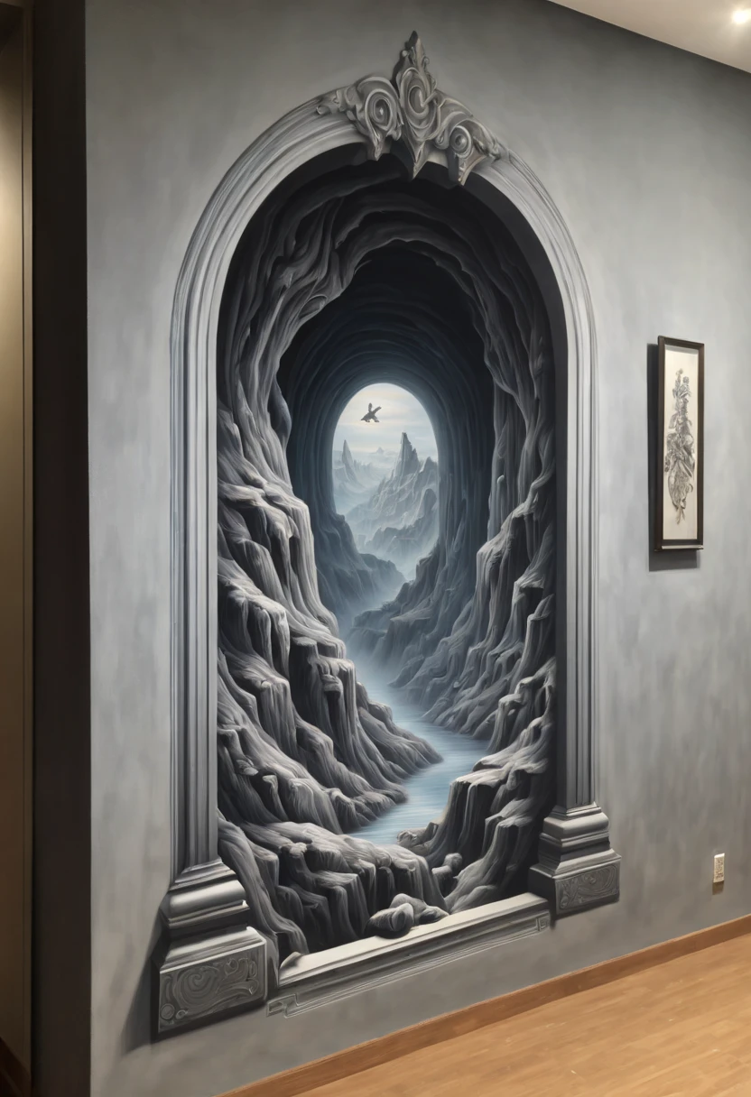 Optical Illusion art, Optical Illusion effect, 3d painting of cliff on the street, hand draw, reality, fantasy art, enhance, intricate, (best quality, masterpiece, Representative work, official art, Professional, 8k)