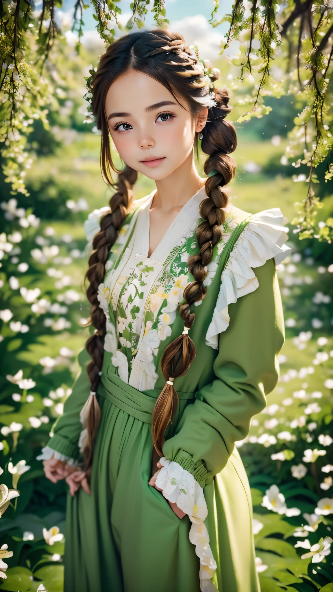 one woman,french braid、Green clothes to wear,Surrounded by lilies of a whimsical sight、Swarm of swirling clouds,dignified expression,set in the light,fantastic background,blurred background,lots of details,vector,4K,wide image,Complete Scene.highest quality、Highest image quality、ultra high resolution、master piece、