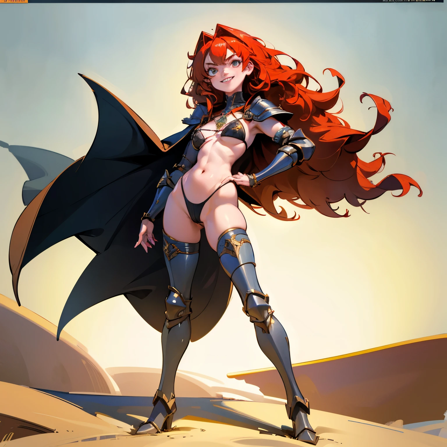 Masterpiece, best quality, full hd 8k, highly detailed, picture perfect, solo, 1 woman, mature, medium breasts, golden eyes, long red hair, mischievous look, mischievous smile, sharp teeth, gentleman, standing, legs apart , full body, revealing clothing, micro bikini armor, nude armor, plush cape, excessive female pubic hair, partially visible vulva, shoulder armor, shoulder pads, armor heel boots, sabaton, greave, poleyn, tasset, lame, bracers, gauntlet, couter, rerebrace, nfsw