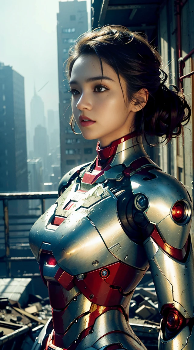 born, masterpiece, ultra fine photo,, 最high quality, ultra high resolution, realistic, sunlight, full body portrait, amazingly beautiful,, dynamic pose, delicate face, bornきbornきとした目, (Side view) , She's wearing a futuristic Iron Man mecha, red and gold color scheme, Highly detailed abandoned warehouse background, detailed face, Detailed and intricate busy background, Messy, nice, milky, high definition skin, realistic skin details, visible pores , sharp focus, volumetric fog, 8K UHD, Digital single-lens reflex camera, high quality, film grain, Fair skin, photorealism, lomography, A metropolis in a futuristic dystopia, view from below, translucent