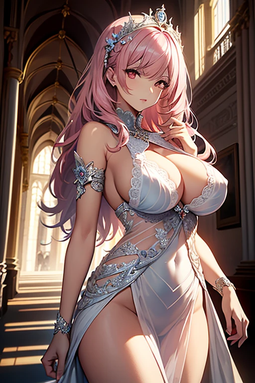 {{{{masterpiece}}}}, {{{super detailed}}}, {{{High resolution}}}, {{excellent anatomy}}, (((highest quality))), ((very delicate and beautiful)), {{very detailed and delicate}}, extremely detailed, solo, One female、best style、beautiful woman、The most beautiful woman in the world、(Sheer y dress:1.5),((big(((long pink hair)))、Inside the chalk palace, baroque architecture, elegant walkways between towers, in luminist baroque style, royal palace, Baroque symmetry, Italian Renaissance architecture, Endless corridors, Rococo architecture, baroque palace,extremely detailedな瞳, solo, perfect face, pretty face, highly detailed face,Rich facial expressions、(muste piece), (best quality)、red eyes、sexy pose、sexyman、beauti and detailed design、nipple