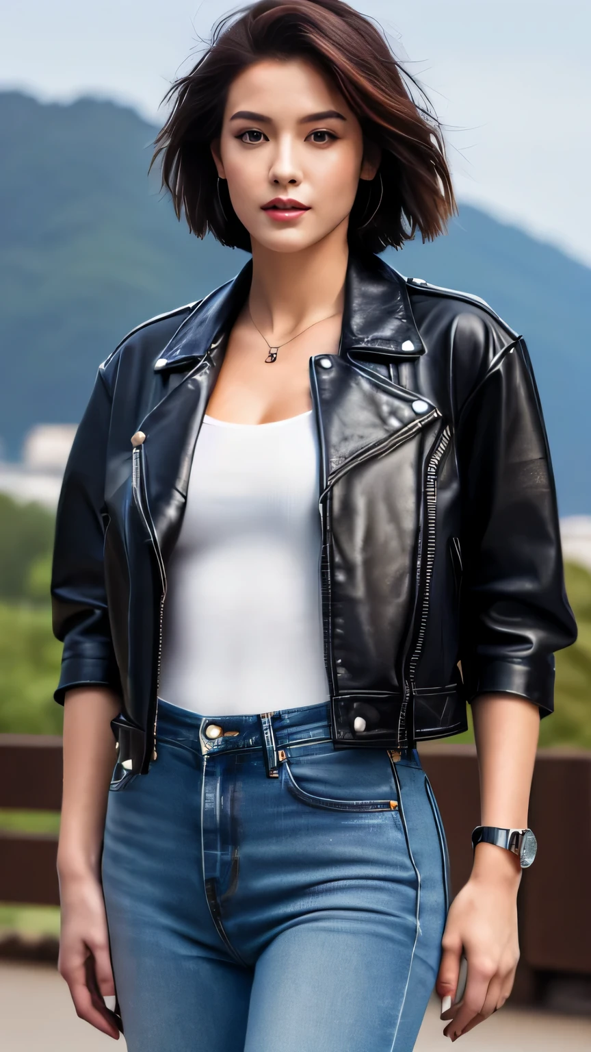 Hyper-Realism, (Photorealsitic:1.4), 8K, maximum resolution, (masterpiece), highly detailed, best quality, Refined face, beautiful woman, detailed beautiful eyes and lip, beautiful face, 22yo, (full body:1.3), (whole body:1.3), Leather jacket and denim skirt, grunge physique, short hair, cool expression