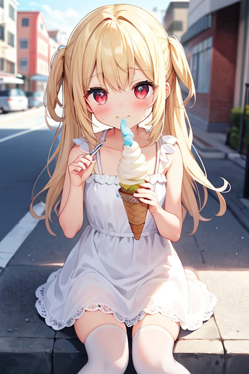 {{{masterpiece}}}, {{{highest quality}}}, {{super detailed}}, , {{very delicate and beautiful、 beautiful and fine eyes}} ,((eating soft serve ice cream))、blonde、half up、red eyes、small curve 1.2、cute 、white stockings、street:1.3、,Sweat、blush:1.5、、cinematic angle:1.5、