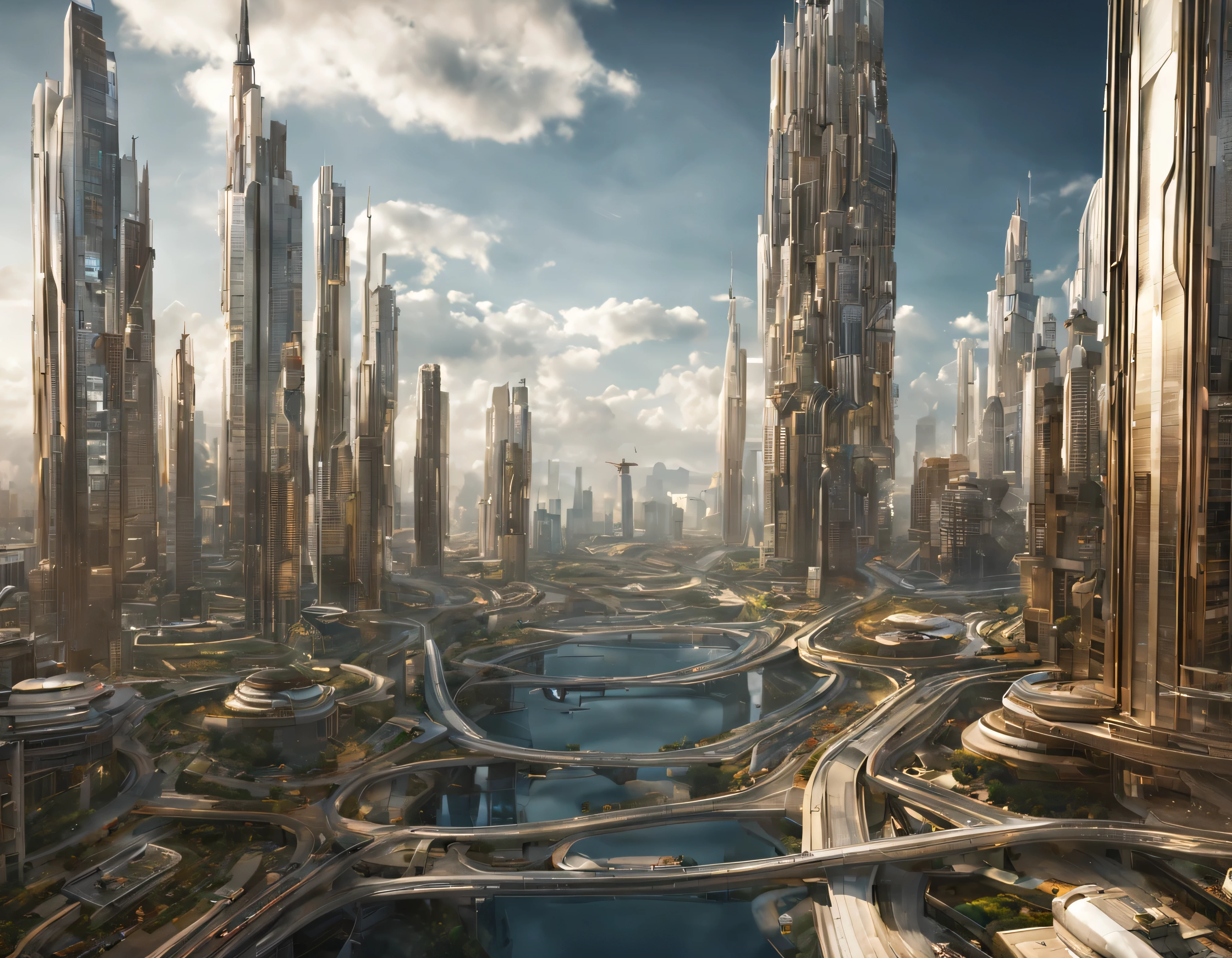 the city of megacity futuristic science fiction city as it would be in the year 3029, vista desde una terraza , with high-tech design , edificios de metal y cristal, autopistas cruzandolos, de una inmensidad impresionante, con el empleo de oro , plata y bronce en su construccion, realmente impresionante a la vista, imagen bien definida, fondo nitido bien defifido, con muchos edificios juntos. imagen nitida bien definida 8k. los edificios llegan alta el fondo.,8k. imagen cinematografica, renderizado 3d, ((obra maestra de superior calidad)).