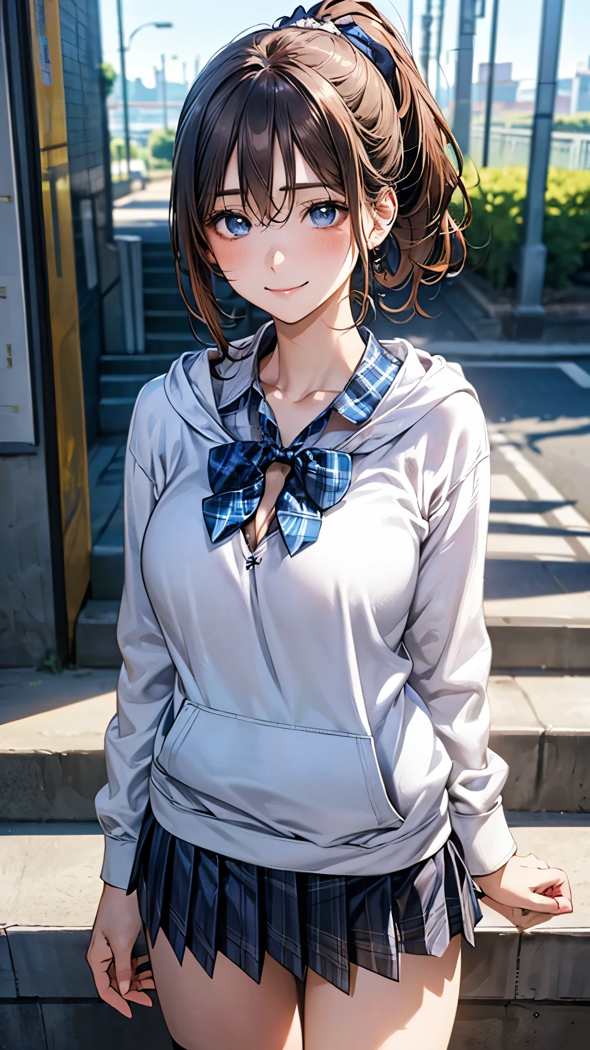 (masterpiece:1.2, top-quality), (realistic, photorealistic:1.4), beautiful illustration, (natural side lighting, movie lighting),
looking at viewer, cowboy shot, front view, 1 girl, japanese, high school girl, perfect face, cute and symmetrical face, shiny skin,
(short hair:1.2, ponytail:1.2, sidelocks, brown hair), hair between eyes, blue eyes, long eye lasher, (large breasts:0.6, seductive thighs),
beautiful hair, beautiful face, beautiful detailed eyes, beautiful clavicle, beautiful body, beautiful chest, beautiful thigh, beautiful legs, beautiful fingers,
(((black hoodies, open hoodies), long sleeve white collared shirts, navy pleated skirt, white loose socks, blue plaid bow tie ,)),
(beautiful scenery), evening, riverside, (hand in my pocket), , (lovely smile, upper eyes),