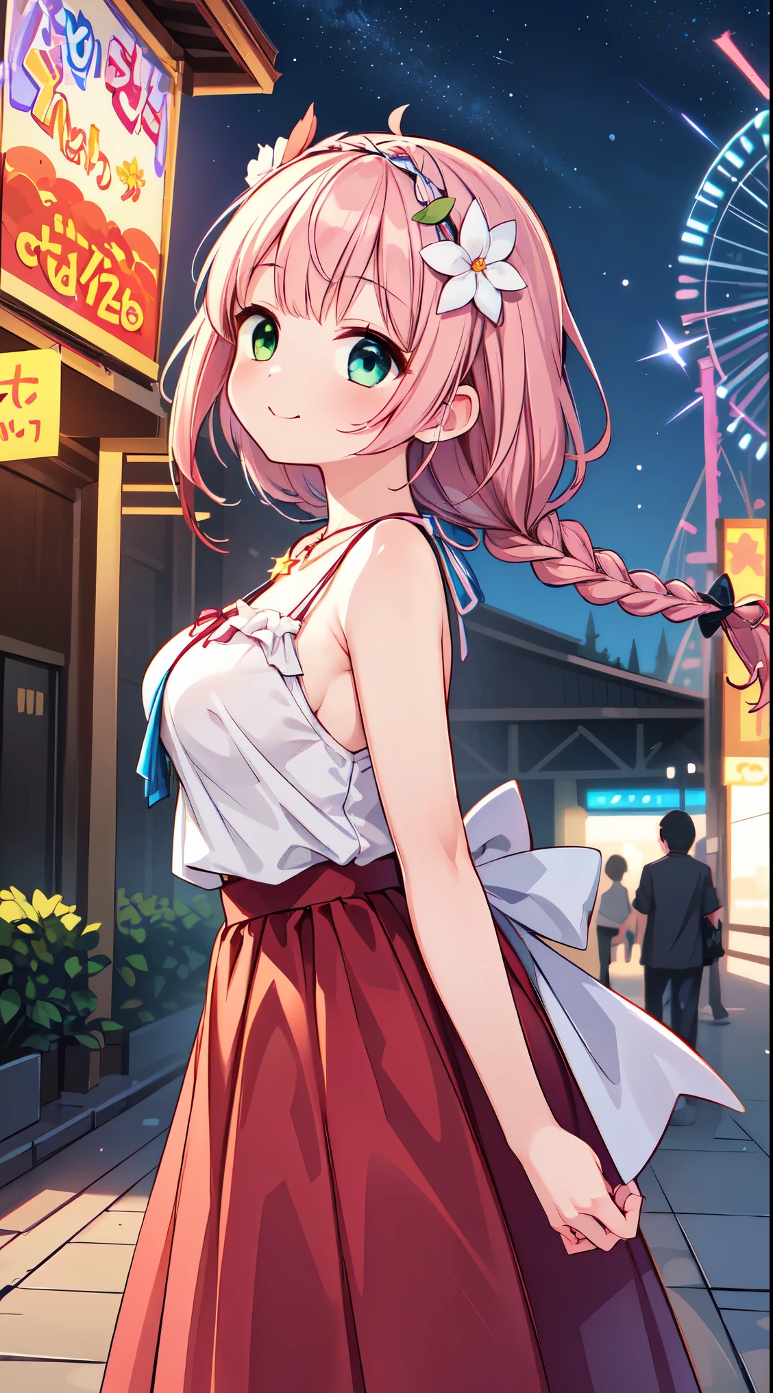(super fine illustration:1.2),(masterpiece, 8k), (best quality, high quality:1.4), perfect anatomy, hyper detailed, ultra detailed,masterpiece background,beautiful detailed background, v8k wallpaper,perfect design,award-winning art,atmospheric,
BREAK, one beautiful girl, ( girl),alone,(kawaii:1.5),(Chibi:0.6),(cute:1.5),(:1.5),break,(17 year old beautiful girl,very detailed,Colorful,best details,transparent skin,Shining beautiful skin,shy,very detailed,Colorful,best details,BREAK,transparent skin,Shining beautiful skin,shy skin,break,(heterochromia,blue eyes,green eyes, eye highlights,first ultrafine star:1.45),star eye silhouette ,BREAK,(pink hair, semi-long hair, bow:1.4),(twin braids,slightly curly hair,princess cut, crossed bangs:1.3),(big breasts,beautiful breasts:1.5),(long eyelashes, double eyelid:1.2),alone,glowing skin, transparent skin, Shining beautiful skin,(highest quality face),(highest quality bright eyes),(light smile:1.45),
BREAK, (1girl, solo, looking at viewer, walking:1.2), (Amusement park:1.2), (attractions, theme parks, roller coaster:1.2), (ferris wheel:1.2), (flower, fountain:1.2), (outdoor:1.2), beautiful detailed sky, dating, sunlight, beautiful lighting, volumetric lighting,
BREAK ((white camisole), detailed frilled camisole), (red skirt, detailed laced skirt), (tiara, necklace, earrings), (flower crown, flower head, side flower head, flower hair ornament:1.5)
BREAK,wakame,wakame,wakame,(looking up,from side:1.5) ,
BREAK,(Blurry background:1.3),(absurderes, hight resolution, Super Detail Art),cel shading,Clear Color, Lonely optical effect, Beautiful pictures, Bright glow, mystic atmosphere,(Close-up of girl:1.1), Mystical light particle effect,manga influence, clean line drawings,
