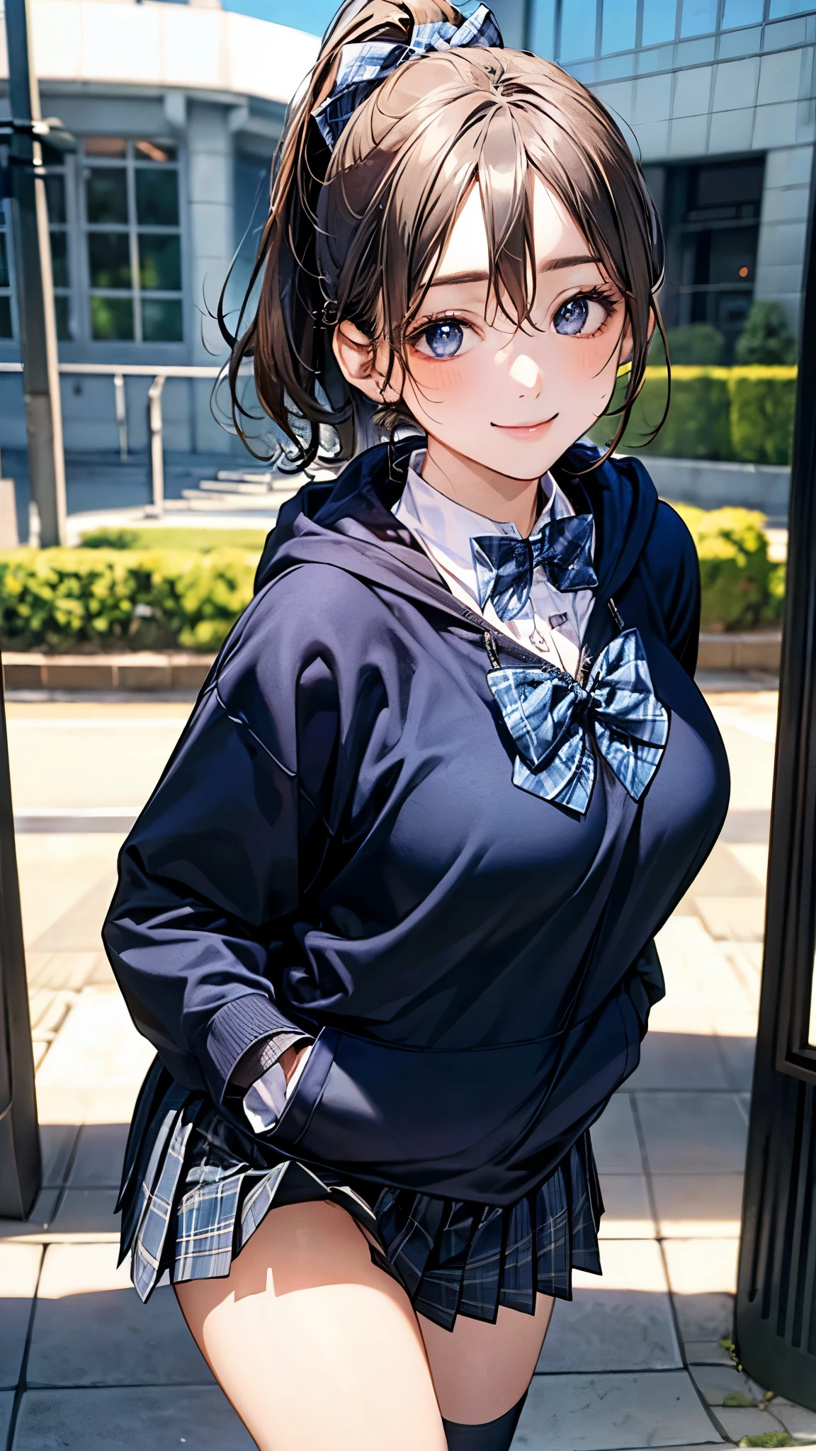 (masterpiece:1.2, top-quality), (realistic, photorealistic:1.4), beautiful illustration, (natural side lighting, movie lighting), 
looking at viewer, cowboy shot, front view, 1 girl, japanese, high school girl, perfect face, cute and symmetrical face, shiny skin, 
(short hair:1.2, ponytail:1.2, sidelocks, brown hair), hair between eyes, blue eyes, long eye lasher, (large breasts:0.6, seductive thighs), 
beautiful hair, beautiful face, beautiful detailed eyes, beautiful clavicle, beautiful body, beautiful chest, beautiful thigh, beautiful legs, beautiful fingers, 
(((black hoodies, open hoodies), long sleeve white collared shirts, navy pleated skirt, white loose socks, blue plaid bow tie ,)), 
(beautiful scenery), evening, riverside, (hand in my pocket), , (lovely smile, upper eyes), 