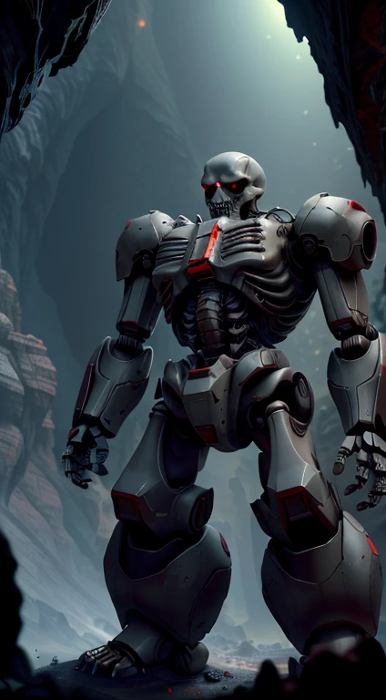 skeleton robot, cave atmosphere, vivid colors, high details, Cinematic tone , 8K resolution, beautiful details, realistic, digital painting, dark atmosphere, artstation, concept art, smooth, sharp focus, illustration, fantasy background, artstation trending, octane rendering, Unreal Engine, (masterpiece:1.3) (best quality:1.2) (high quality:1.1)