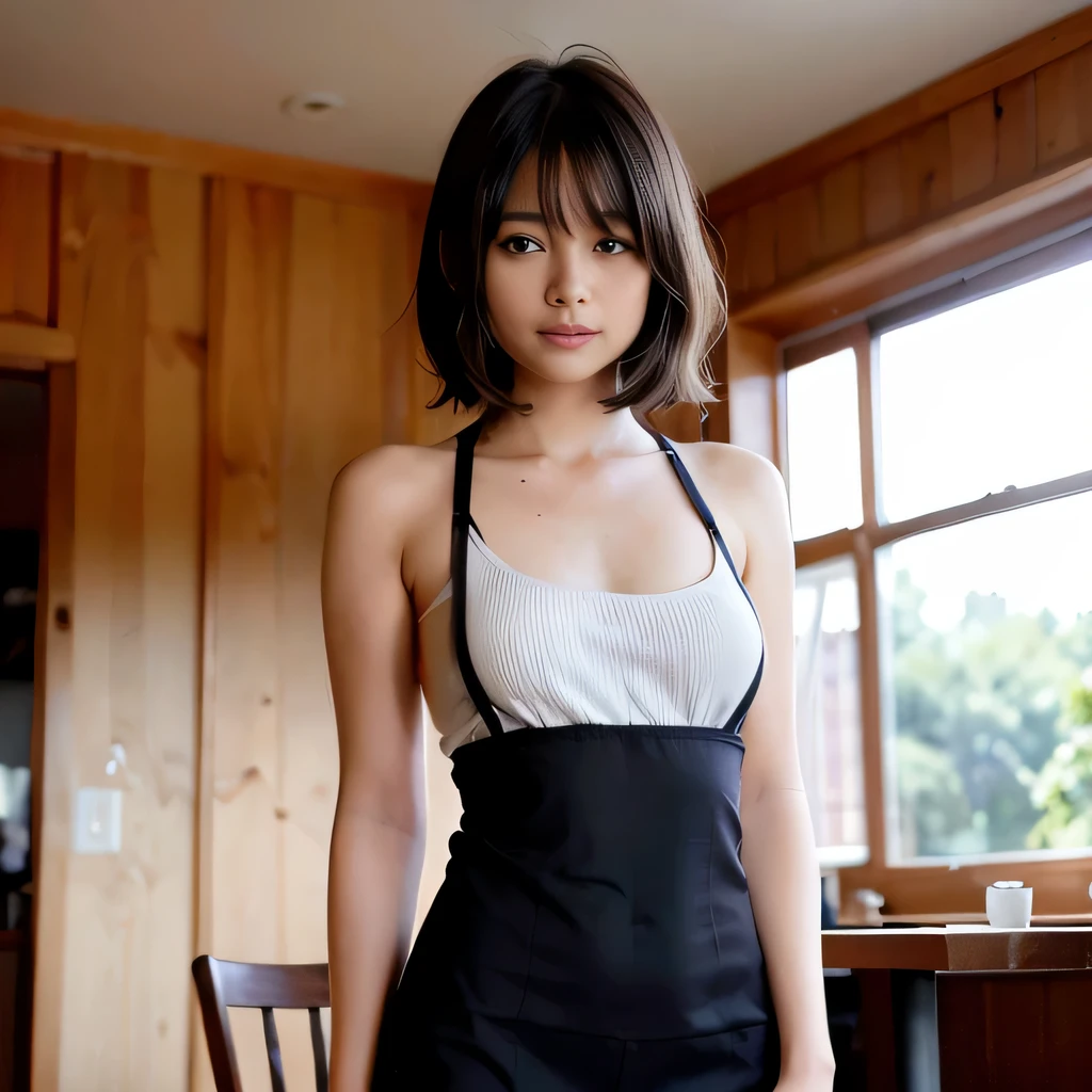 (coffee shop)、High image quality/ultra high definition、girl、slender、(20-year-old)、(No bra、No panties、No shirt、Direct photo Wearing a short apron)、(no skirt)、((Cute Smile))、high contrast、(realism:1.4)、looking at the camera、(flash)、Upper body、beautiful breasts、Anatomically accurate body、narrow eyes、Are standing、((dark green short apron:1.2))、cleavage、(cute smile)、short hairstyle、
