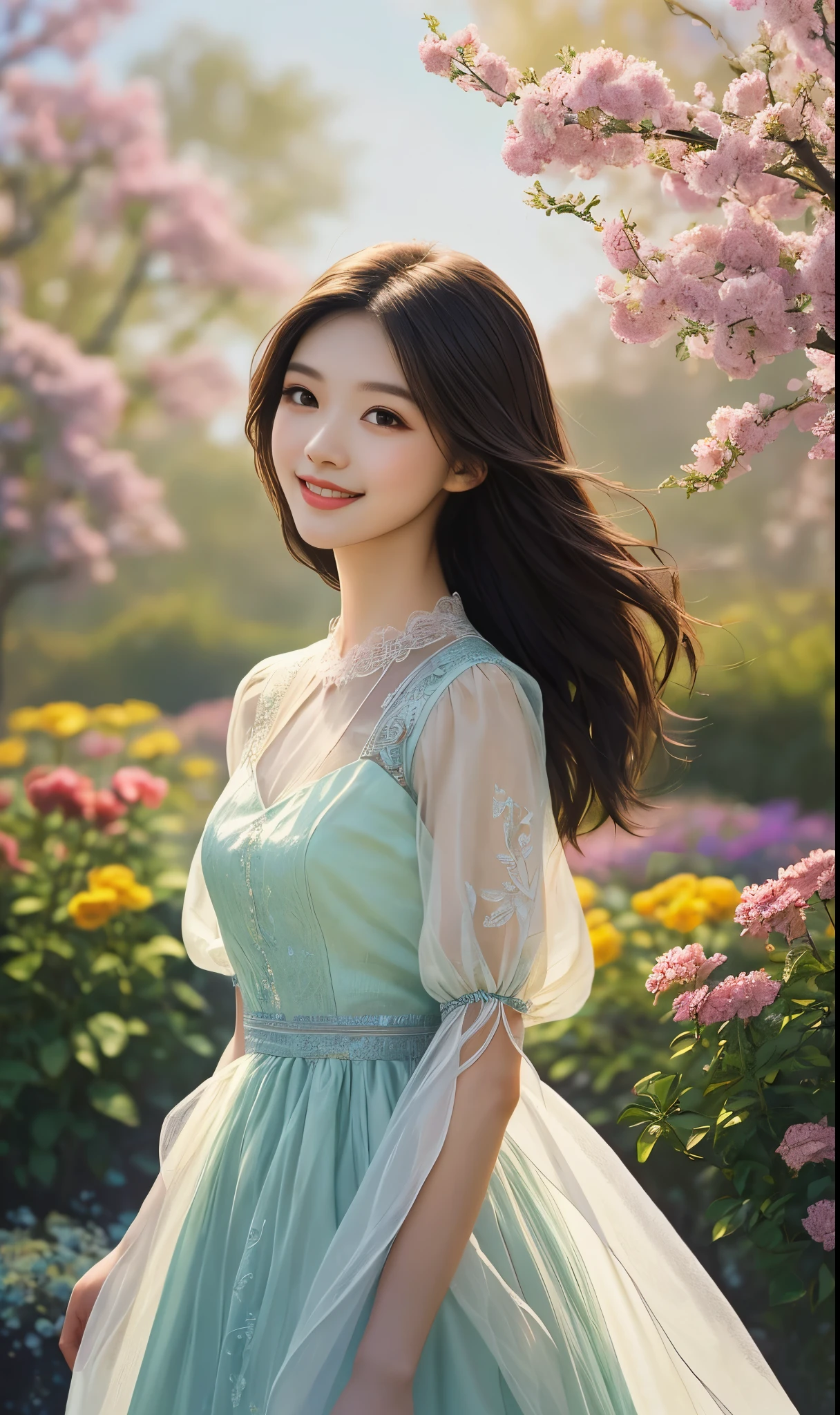 A girl,beautiful detailed eyes,long eyelashes, beautiful detailed lips, extremely detailed face, standing in a garden, surrounded by vibrant flowers, wearing a flowy dress, enjoying the sunlight and a gentle breeze, with a peaceful smile on her face. The artwork is created using oil painting technique, resulting in a masterpiece:1.2 with ultra-detailed features and sharp focus. The colors are vivid and the lighting emphasizes the warm and inviting atmosphere.