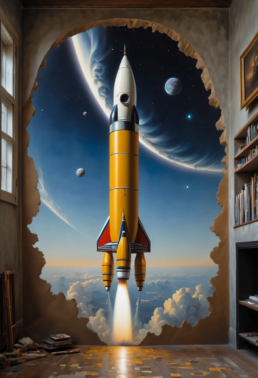 (best quality, 4K, 8k, high resolution, masterpiece:1.2), Super detailed, (actual, photoactual, photo-actual:1.37), (optical illusion art, Trompe l'oeil painting:1.5), 3D, illusion, masterpiece, Reality, Rocket launch and vast starry sky painted on the wall.