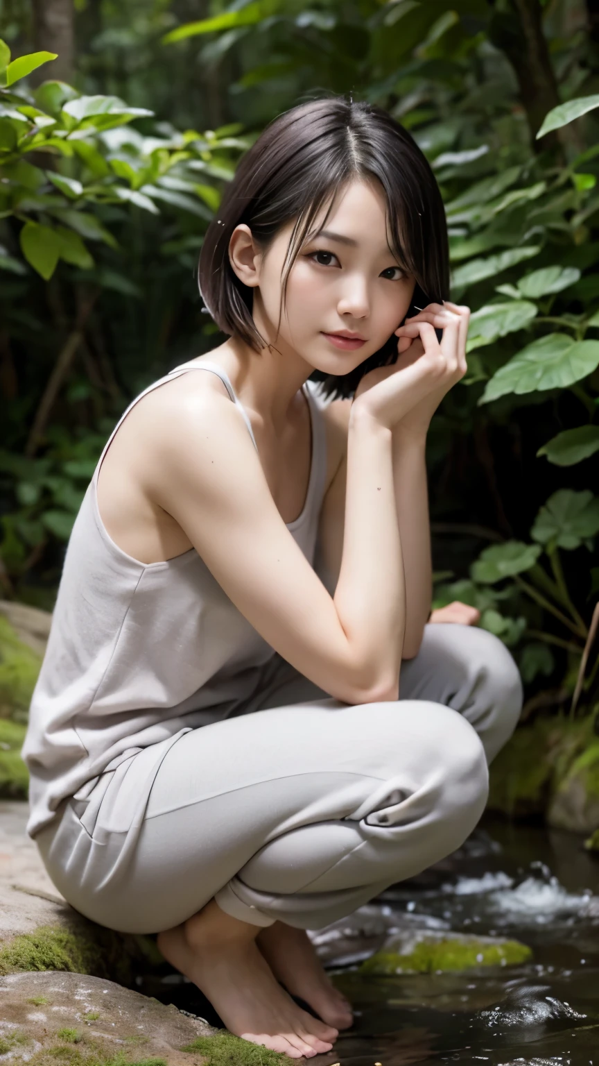 Best quality, masterpiece, ultra high res,, raw photo, Perfect, softlight, 20 years old mature woman, japanaese famous idol:1.25 ,Beautuful Women ,a small face, slender face, no-makeup, smile, cute, cute face, realistic face, slender body,Short hair ,short bang , gray  sweat pants ,skinny body,squatting, look at viewer, face focus ,in the forest,heavy rain, 