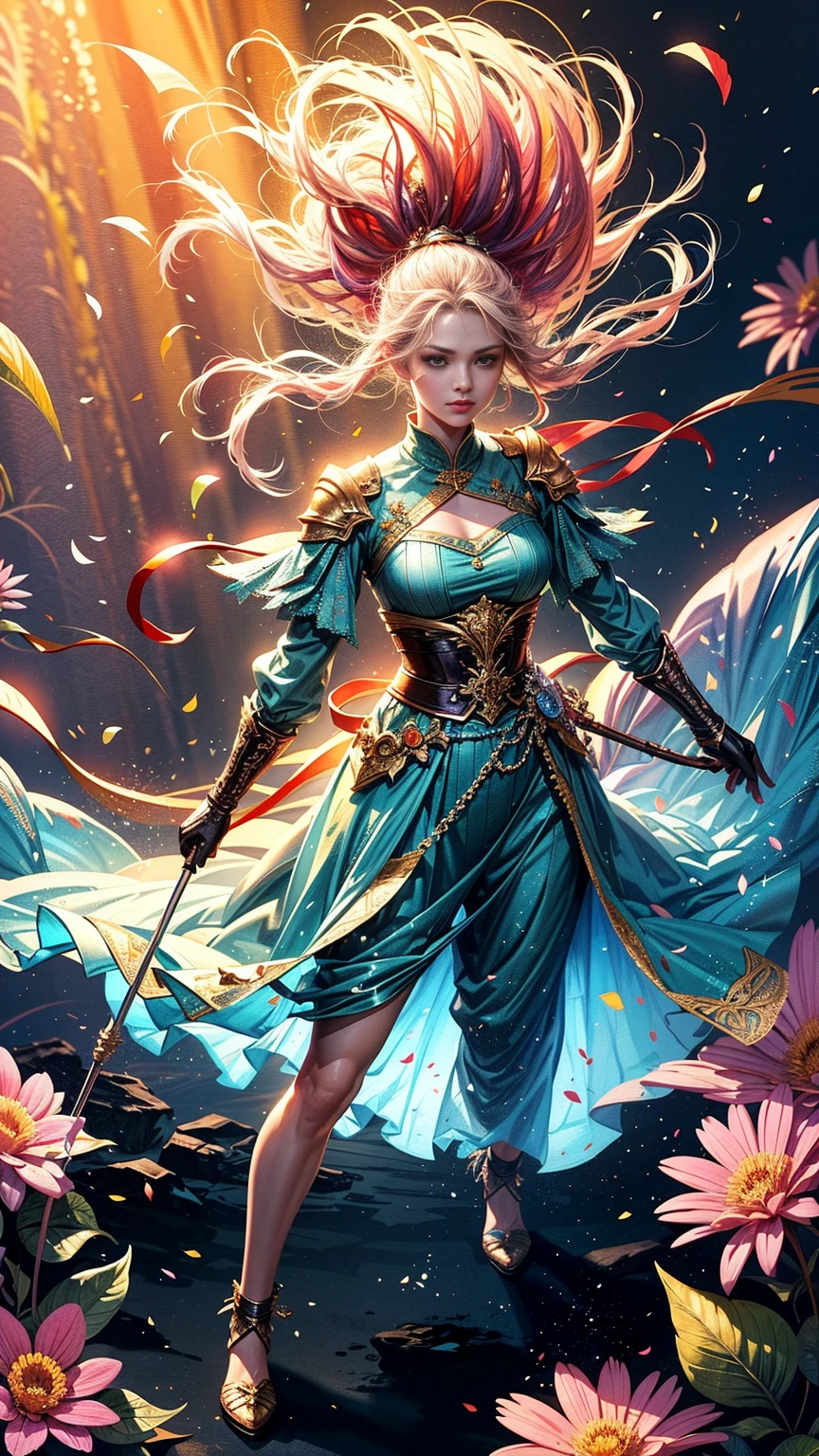 a full body picture of figures，Depicts a fantasy female warrior in a holding a staff。bright green eyes, standing in an imposing pose looking at the viewer，The expression is threatening。full battle outfit in shades of green。Soft, warm lighting highlights her thoughtful gaze。Create using：digital strokes、Reflect emotions、wild scene、Detailed character research、ambient color、chaotic atmosphere、glibatree tips、HD quality、Natural look。Focus on showing the power and of female warrior, (floral watercolor painting:1.5)，(Super high saturation, bright and vivid colors:1.5), (nsfw), (Look at the audience head-on:1.5)