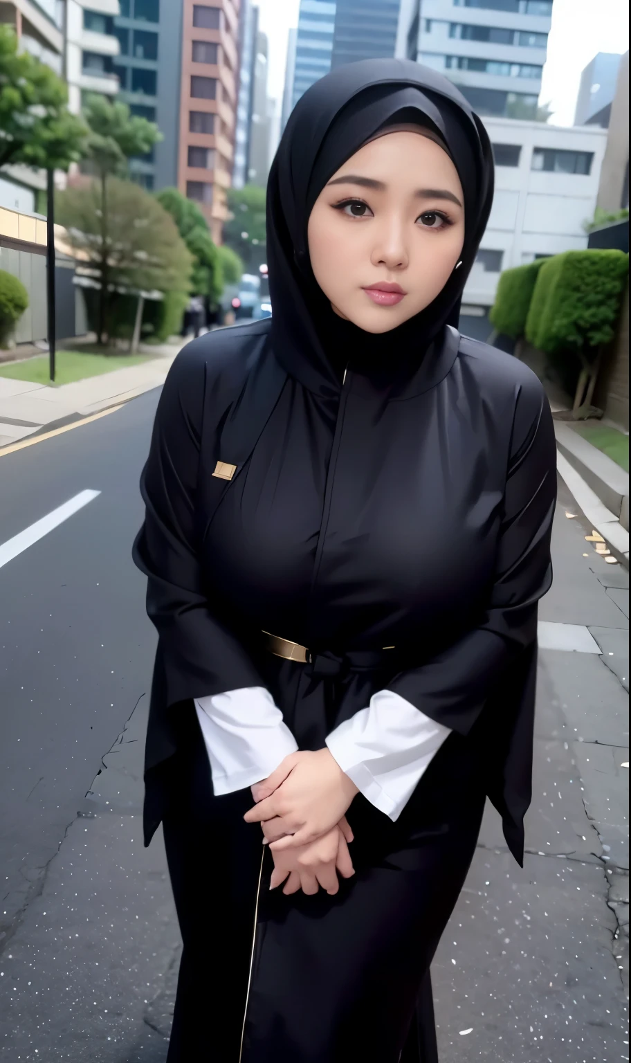 arafed woman in a black robe standing on a sidewalk, hijab fashion model, hijabi outfit, thicc, hijab, korean woman, wearing black robe, asian woman, bbwchan, photograph of a techwear woman, hijab, wearing a black robe, woman in black robes, casual pose, wearing dark robe, asian women, korean girl, red sneakers 