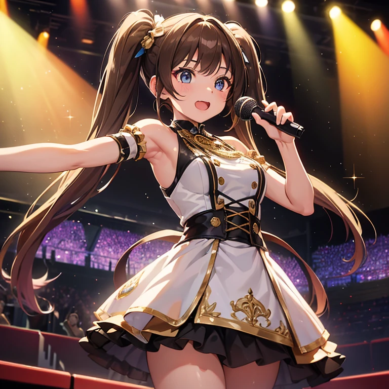 A girl with brown pigtails stands on a band stage, dressed in glittering idol costumes. Her sparkling attire reflects the vibrant lights of the stage, creating a mesmerizing visual effect. This masterpiece is crafted with the best quality, ensuring ultra-detailed precision and showcasing every intricate detail of the girl's outfit and features. Her pigtails sway gently as she performs, adding a touch of movement to the scene. The vibrant colors and sharp focus of the image bring out the energetic atmosphere of the concert. The stage is bathed in a mix of warm and cool tones, enhancing the overall ambiance. With the combination of professional lighting and a carefully curated composition, this artwork captures the essence of the girl's charm and the excitement of the performance.