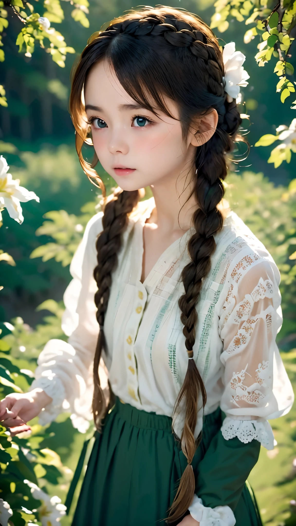 one woman,french braid、Green clothes to wear,Surrounded by lilies of a whimsical sight、Random Posing、Swarm of swirling clouds,dignified expression,set in the light,fantastic background,blurred background,lots of details,vector,4K,wide image,Complete Scene.highest quality、Highest image quality、ultra high resolution、master piece、