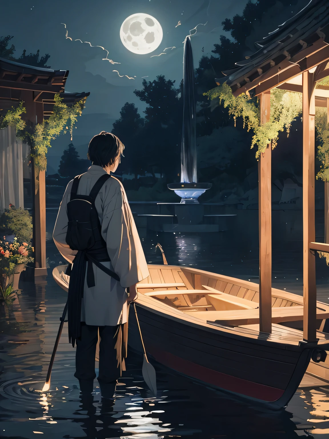 a moonlit night with full moon, a man standing in a boat with a paddle in hand,a fountain of water in the back, a girl sittin in the opposite side holding flowers.