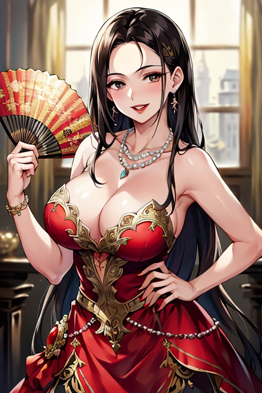 (best quality), (highly detailed), masterpiece, (official art),(lolopechka:1.2),smile, chicken,jewelry, necklace, earrings, hand on hip, holding fan, red dress, solo, cleavage, pearl necklace, dress, whisk, makeup, red lips, lipstick, smile, large breasts, lips, bare shoulders, open mouth, medium breasts, collarbone,  eyeshadow,blurry background,depth of field, best quality, masterpiece, intricate details, tonemapping, sharp focus, hyper detailed, trending on Artstation,1 girl, high res,facing viewer, official art