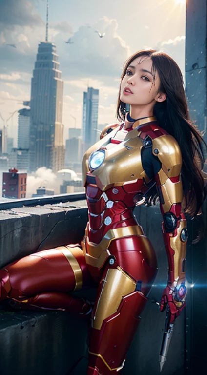 born, masterpiece, ultra fine photo,, 最high quality, ultra high resolution, realistic, sunlight, full body portrait, amazingly beautiful,, dynamic pose, delicate face, bornきbornきとした目, (Side view) , She's wearing a futuristic Iron Man mecha, red and gold color scheme, Highly detailed abandoned warehouse background, detailed face, Detailed and intricate busy background, Messy, nice, milky, high definition skin, realistic skin details, visible pores , sharp focus, volumetric fog, 8K UHD, Digital single-lens reflex camera, high quality, film grain, Fair skin, photorealism, lomography, A metropolis in a futuristic dystopia, view from below, translucent