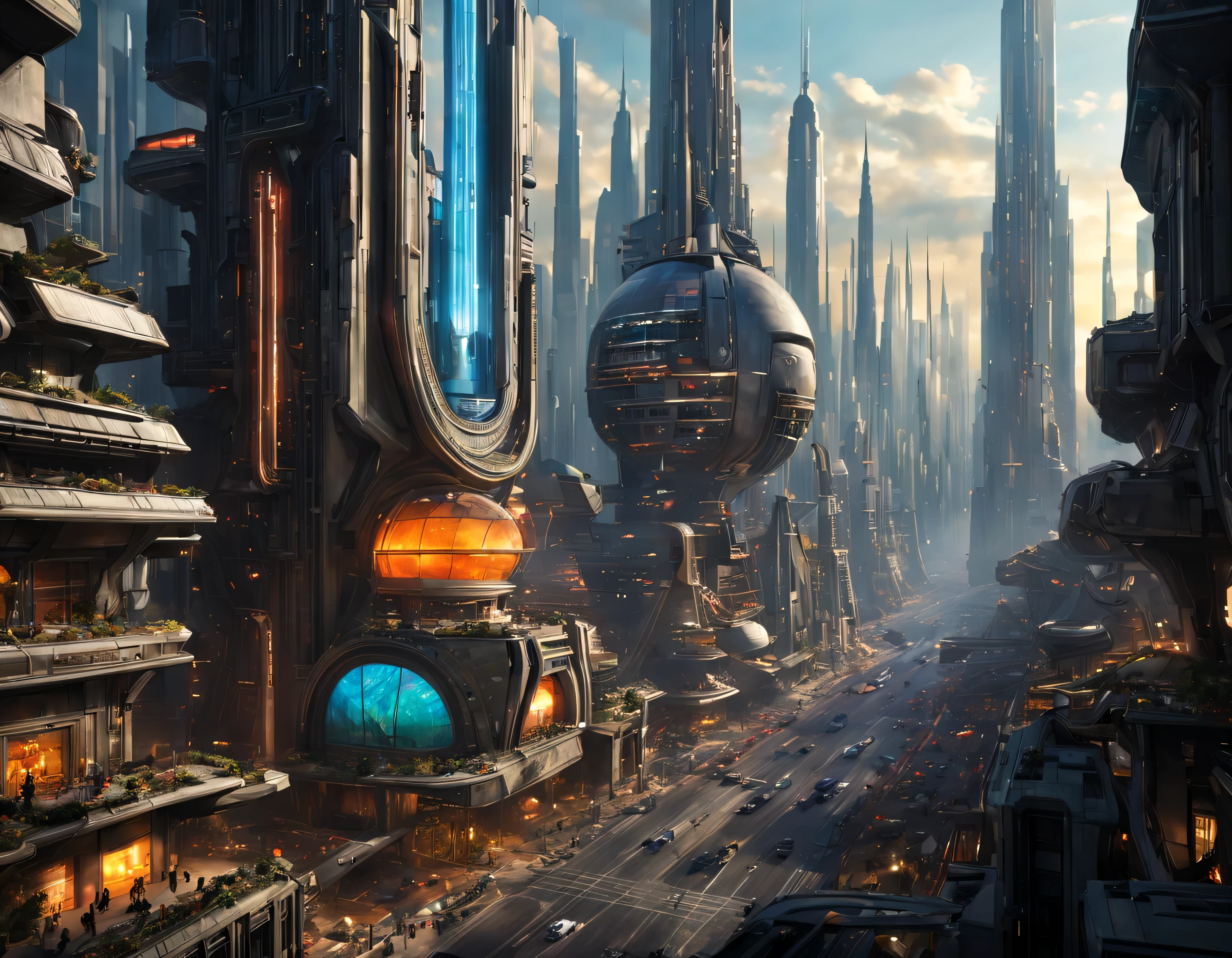 (The city of Coruscant from Star Wars as designed by Doug Chiang), futuristic fantasy city with immense buildings of technological design (que forman una avenida infinita), edificios compactor no difuminados con aspecto metalico, luces en ventanas en edificios, iluminacion diurna con sol, con estructuras acristaladas espectaculares, (con colores vivos). pavimento ensolado (sin brillo). gente paseando. imagen bien definida con muchos edificios juntos. imagen nitida bien definida 8k. los edificios llegan alta el fondo.,8k. imagen cinematografica. ((obra maestra de superior calidad)). (renderizado 3D).