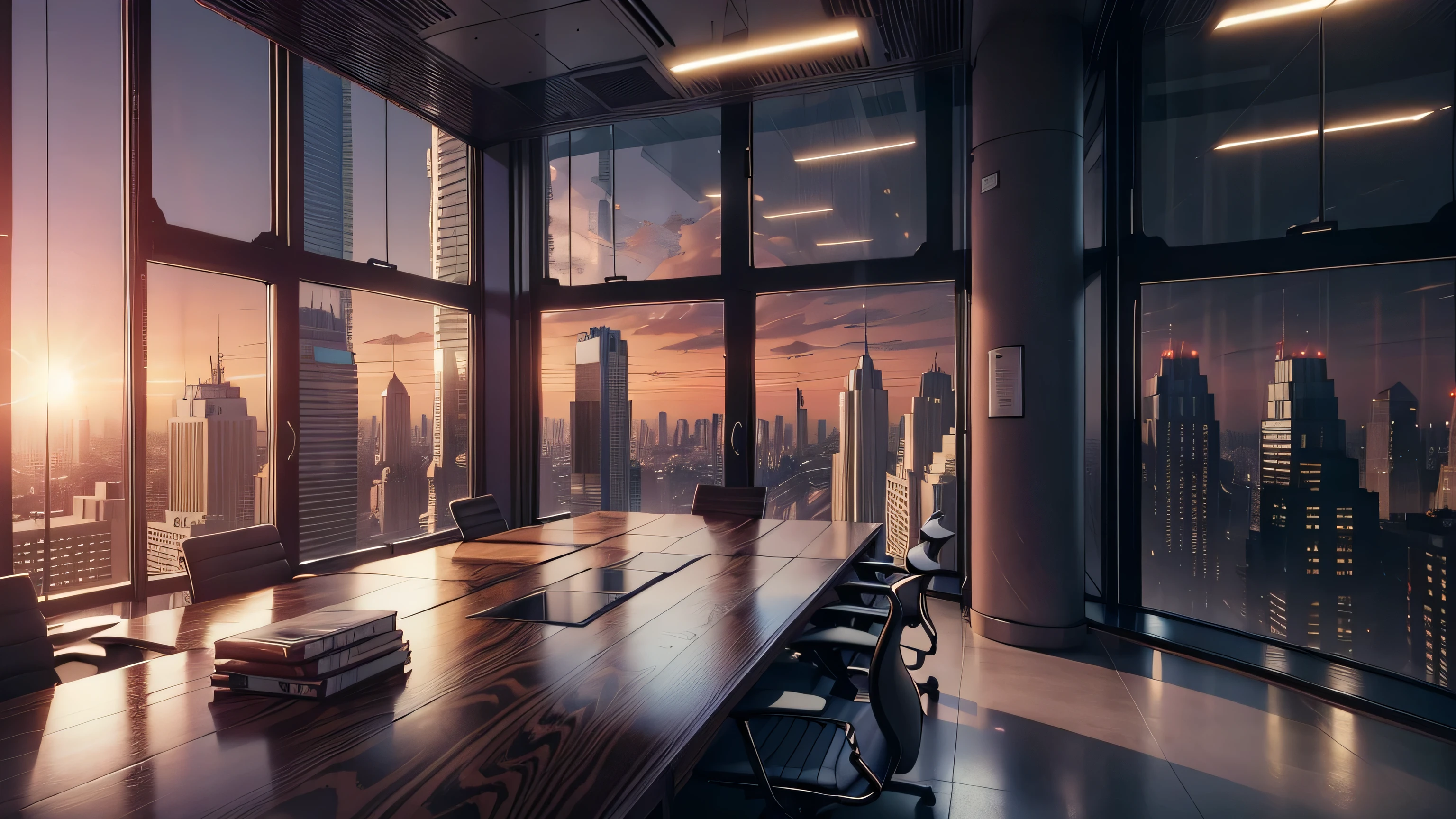 The most luxurious private office room of the boss of the luxury law firm, located on the highest floor of a skyscraper, has panoramic windows with a panoramic view over the city. It is early in the morning, sunrise. There is only one table in the center, empty office, angle showing the entire office room, with lighting coming from the front, luxury furniture