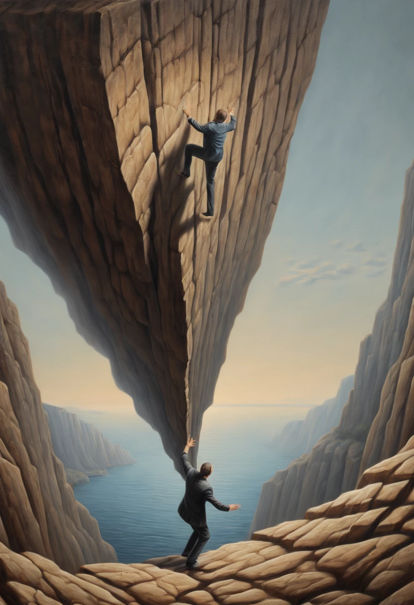 Optical Illusion art, Optical Illusion effect, 3d painting of cliff on the street, hand draw, reality, fantasy art, enhance, intricate, (best quality, masterpiece, Representative work, official art, Professional, 8k)