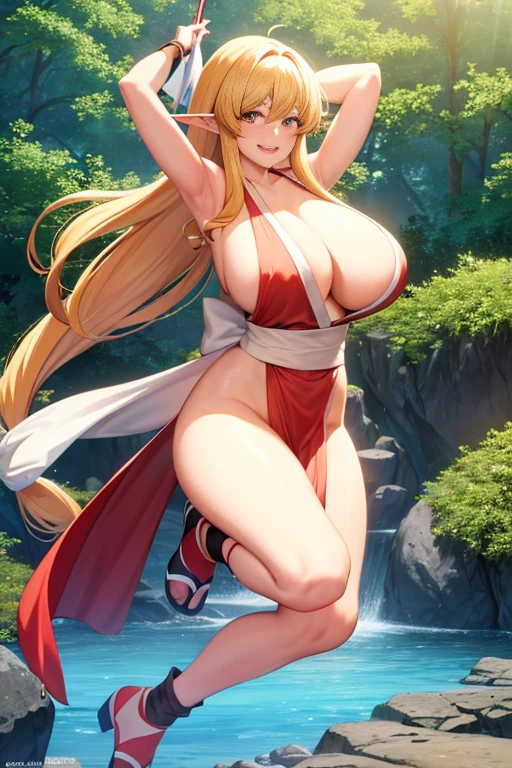 masterpiece, high resolution, best quality, beautiful art, 1 woman, solo, Tiffania Westwood, elf ears, mature woman, big breasted, cleavage, cosplaying as Mai Shiranui, sexy Japanese clothes, pelvic curtain, holding fans on her hands, full body, sexy legs and thighs, red panties showing, dancing seductively, smiling joyfully, looking at the viewer, beach environment 