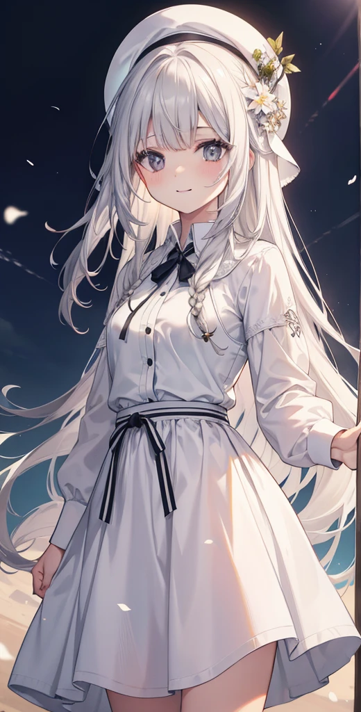 masterpiece, highest quality, High resolution, KR1, gray eyes, smile, fringe, white shirt, long skirt, small breasts, long white hair, cowboy shot,RPG Traveler、otherworldly clothes