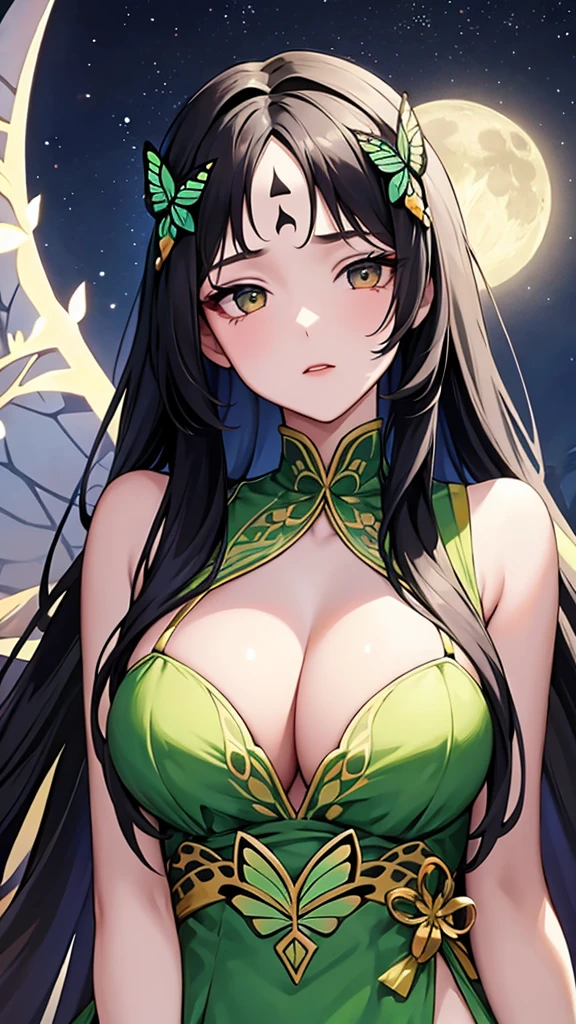 1girl, hair ornament, dress, long hair, bug, moon, butterfly, branch, flower, night, black hair, solo, white dress, clothing cutout, green dress, cleavage cutout, tree, upper body, forehead mark