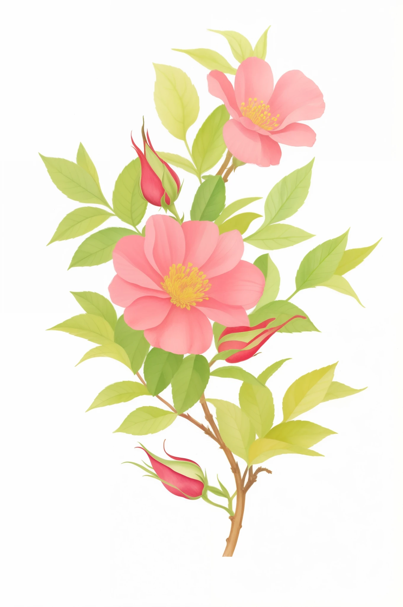 a painting of a pink flower with green leaves and red berries, botanic watercolors, botanical illustration, botanical art, botanical artwork, rose-brambles, inspired by Maksimilijan Vanka, botanical drawing, by Nagasawa Rosetsu, rose twining, by Annie Rose Laing, flowers and stems, by Nakahara Nantenbō