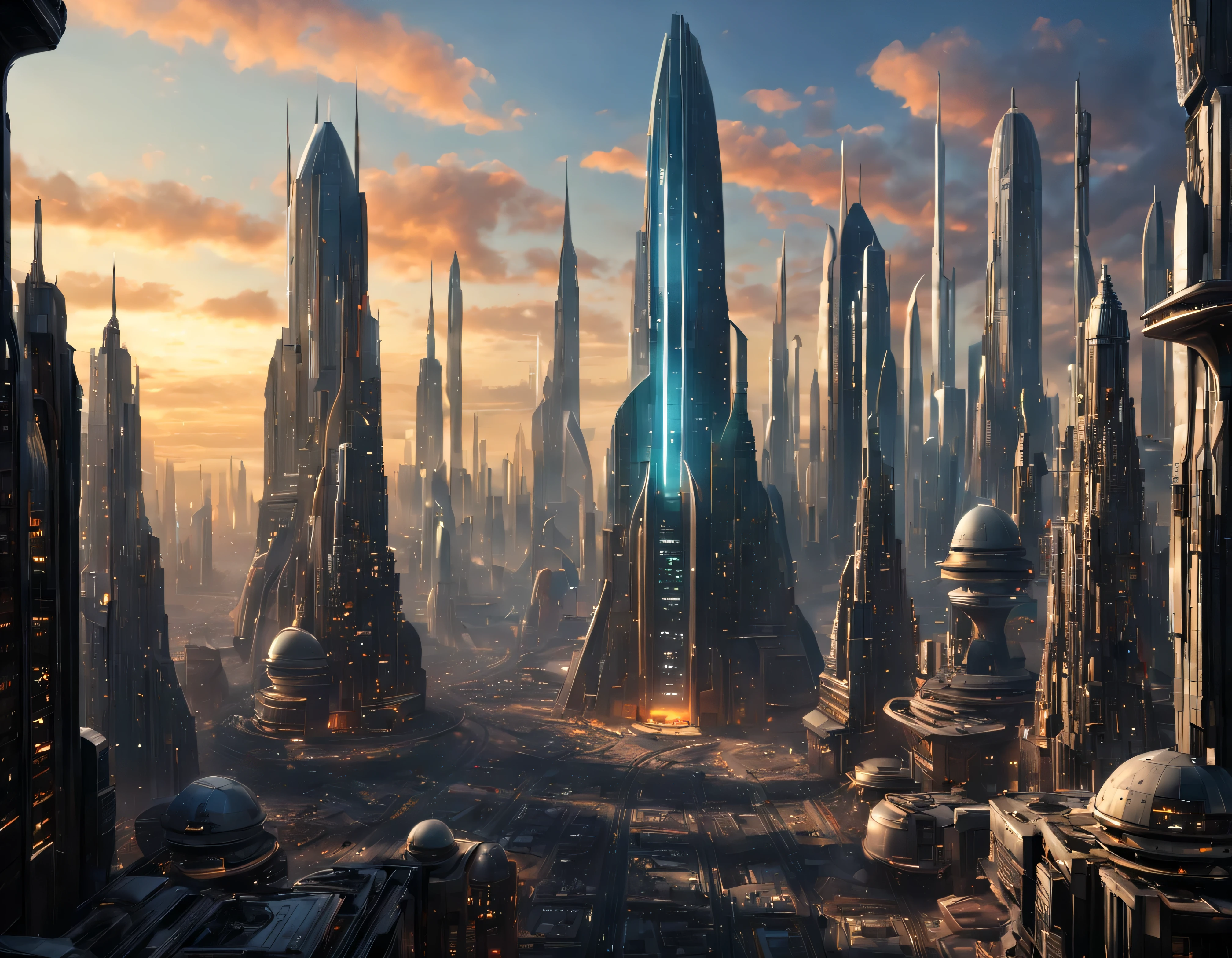 (The city of Coruscant from Star Wars as designed by Doug Chiang), futuristic fantasy city with immense buildings of technological design (que forman una avenida infinita), edificios compactor no difuminados con aspecto metalico, luces en ventanas en edificios, iluminacion diurna con sol, con estructuras acristaladas espectaculares, (con colores vivos). pavimento ensolado (sin brillo). gente paseando. imagen bien definida con muchos edificios juntos. imagen nitida bien definida 8k. los edificios llegan alta el fondo.,8k. imagen cinematografica. ((obra maestra de superior calidad)). (renderizado 3D).