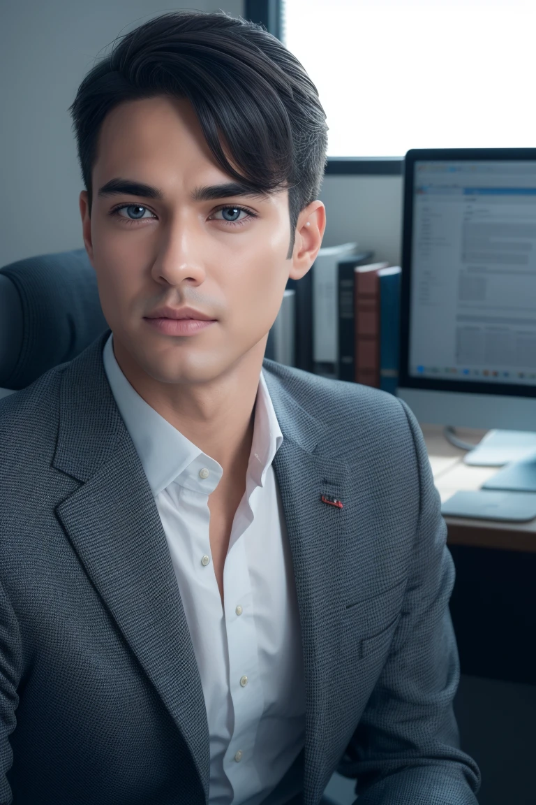 ((Realistic face, seductive, Adult Look, white eyes)), (Office suit), (Black hair), (20 years), (1 man), (4k style))