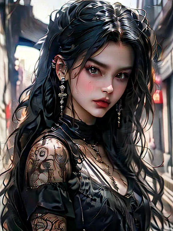 (best quality), (high detail), (close up), (1girl), a beautiful goth girl with snow white skin jet black hair and mascara running down her face, (insane), crazy smile, (black and white effect), (black roses), dark and foggy background, HDR, 4K, 3D