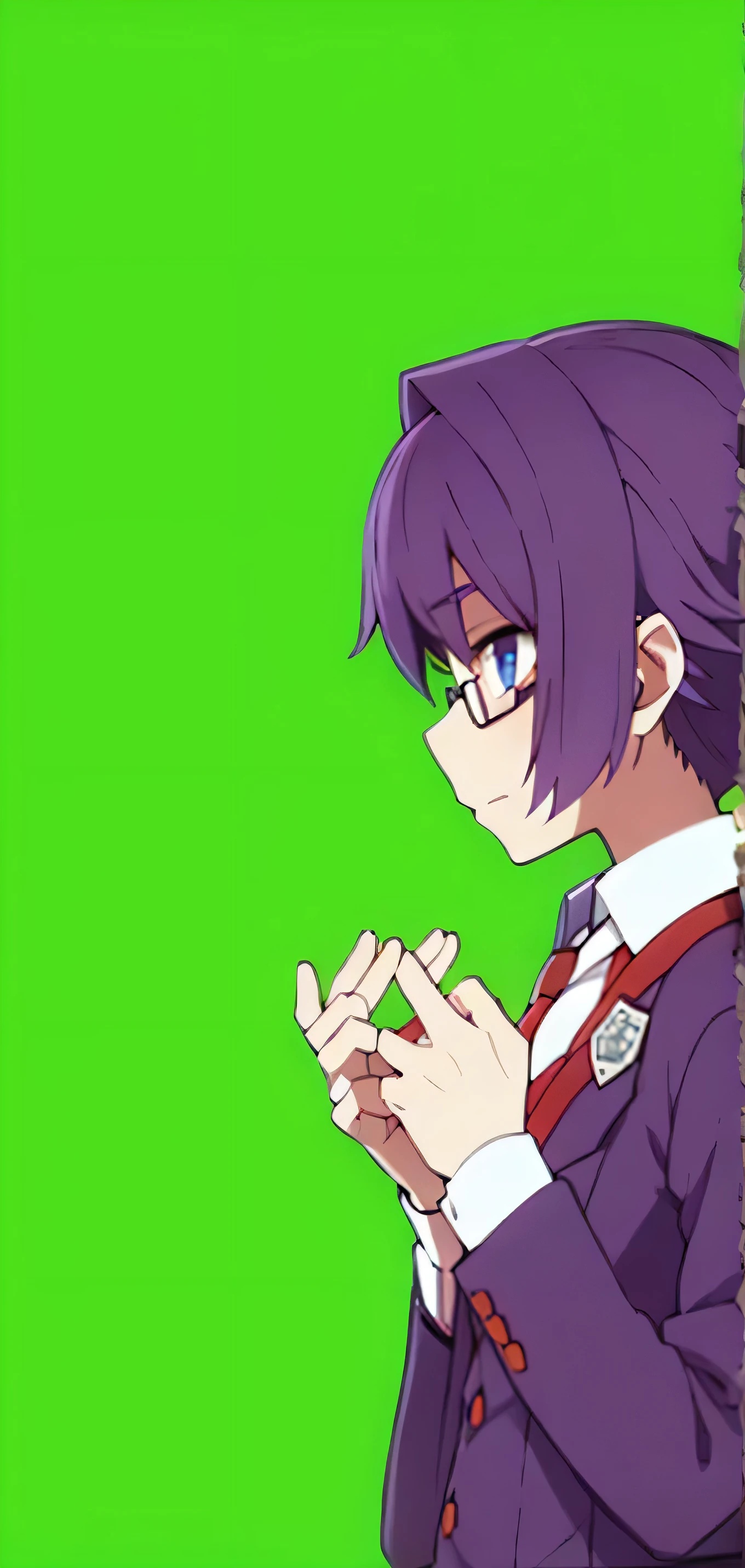boy, purple hair almost to the shoulders, purple , red, tie,Grey shoes,Black poison glasses, Blue eyes,