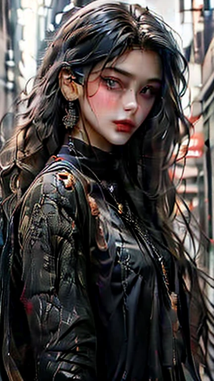 (best quality), (high detail), (close up), (1girl), a beautiful goth girl with snow white skin jet black hair and mascara running down her face, (insane), crazy smile, (black and white effect), (black roses), dark and foggy background, HDR, 4K, 3D