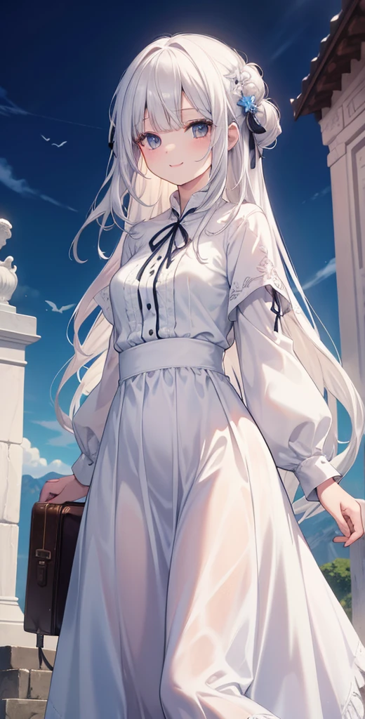 masterpiece, highest quality, High resolution, KR1, gray eyes, smile, fringe, white shirt, long skirt,  small breasts, long white hair, cowboy shot,RPG Traveler、otherworldly clothes、wandering people