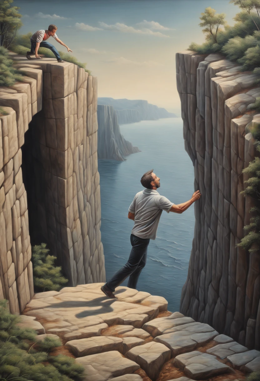 Optical Illusion art, Optical Illusion effect, 3d painting of a man grab onto the cliff, 3d painting on the street, hand draw, reality, fantasy art, enhance, intricate, (best quality, masterpiece, Representative work, official art, Professional, 8k)