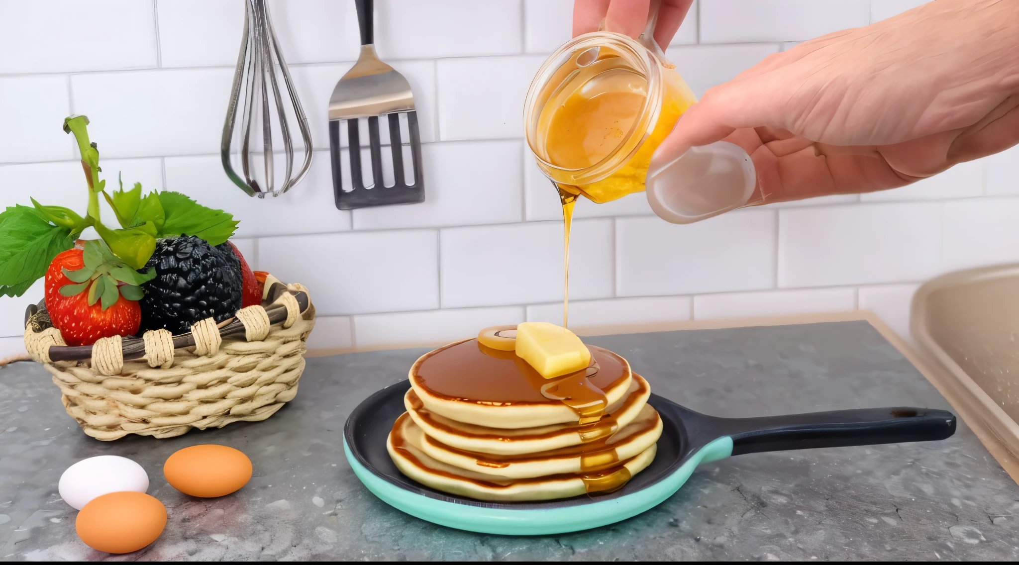 in a miniature kitchen, fingers hold a glass jar from which honey is poured onto pancakes, there is a frying pan with pancake on the countertop, basket with strawberries and blackberries, eggs nearby , realistic textures, realistic style, Detailed textures, Macro Photography, wherekf 4K, edible photography, Product photography