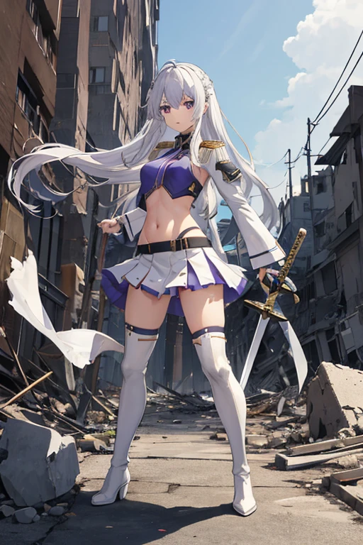 secondary elements、White combat uniform、teenager、beautiful girl、Navel exposure、short skirt、1 girl,medium breasts,Towards the audience,long silver hair,purple eyes,whole body,Military uniform,uniform,have,white skirt,Burn,Togare,Are standing,(Togare),右手に持ったsword,rubble,Collapsed buildings,Burn,Remains,(carcass:1.1),長いsword,sword,Fierce fire, wonderful,white long boots、thighs、shiny skin