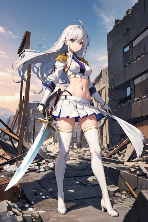 secondary elements、White combat uniform、teenager、beautiful girl、Navel exposure、short skirt、1 girl,medium breasts,Towards the audience,long silver hair,purple eyes,whole body,Military uniform,uniform,have,white skirt,Burn,Togare,Are standing,(Togare),右手に持ったsword,rubble,Collapsed buildings,Burn,Remains,(carcass:1.1),長いsword,sword,Fierce fire, wonderful,white long boots、thighs、shiny skin