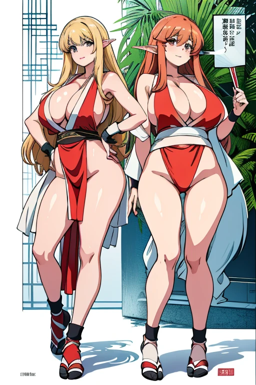 masterpiece, high resolution, best quality, beautiful art, 1 woman, solo, Tiffania Westwood, elf ears, mature woman, big breasted, cleavage, cosplaying as Mai Shiranui, sexy Japanese clothes, pelvic curtain, holding fans on her hands, full body, sexy legs and thighs, red panties showing, dancing seductively, smiling joyfully, looking at the viewer, beach environment