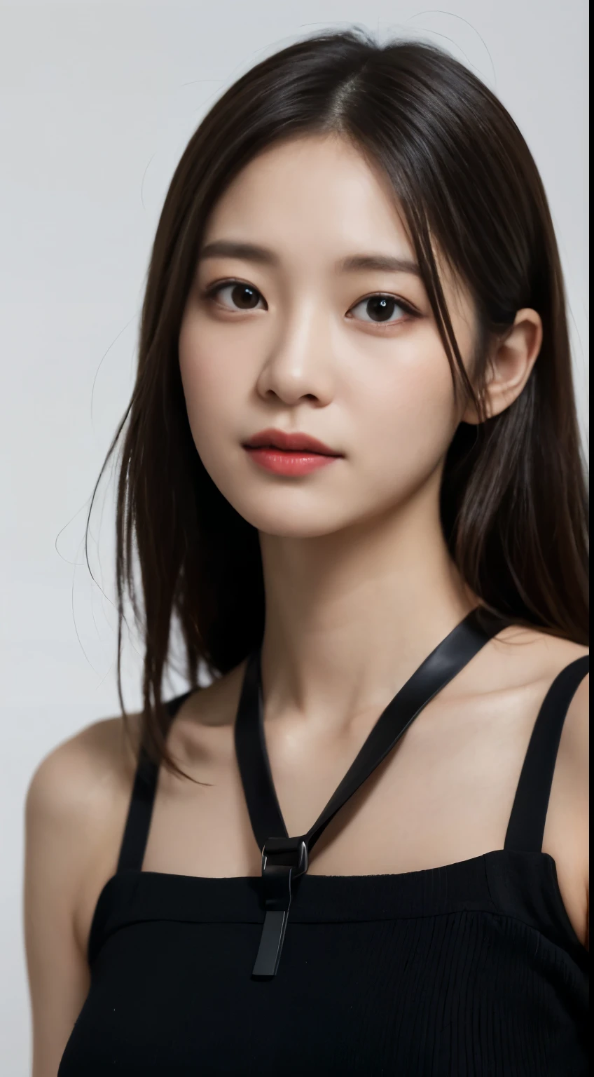 One woman，look in front of you, thin clavicle，white long hair，cropped shoulders, upper limbs，underwear，Harness，Squeeze out the chest，chest is low，expose the navel，(8K, Raw photo, highest quality), (hentel realism, Photoreal: 1.37), One woman, laughter、professional lighting, Physically based rendering, Excellent quality photos,(clear face), (Detailed facial description), Realistic, extreme light and shadow，Pale color background