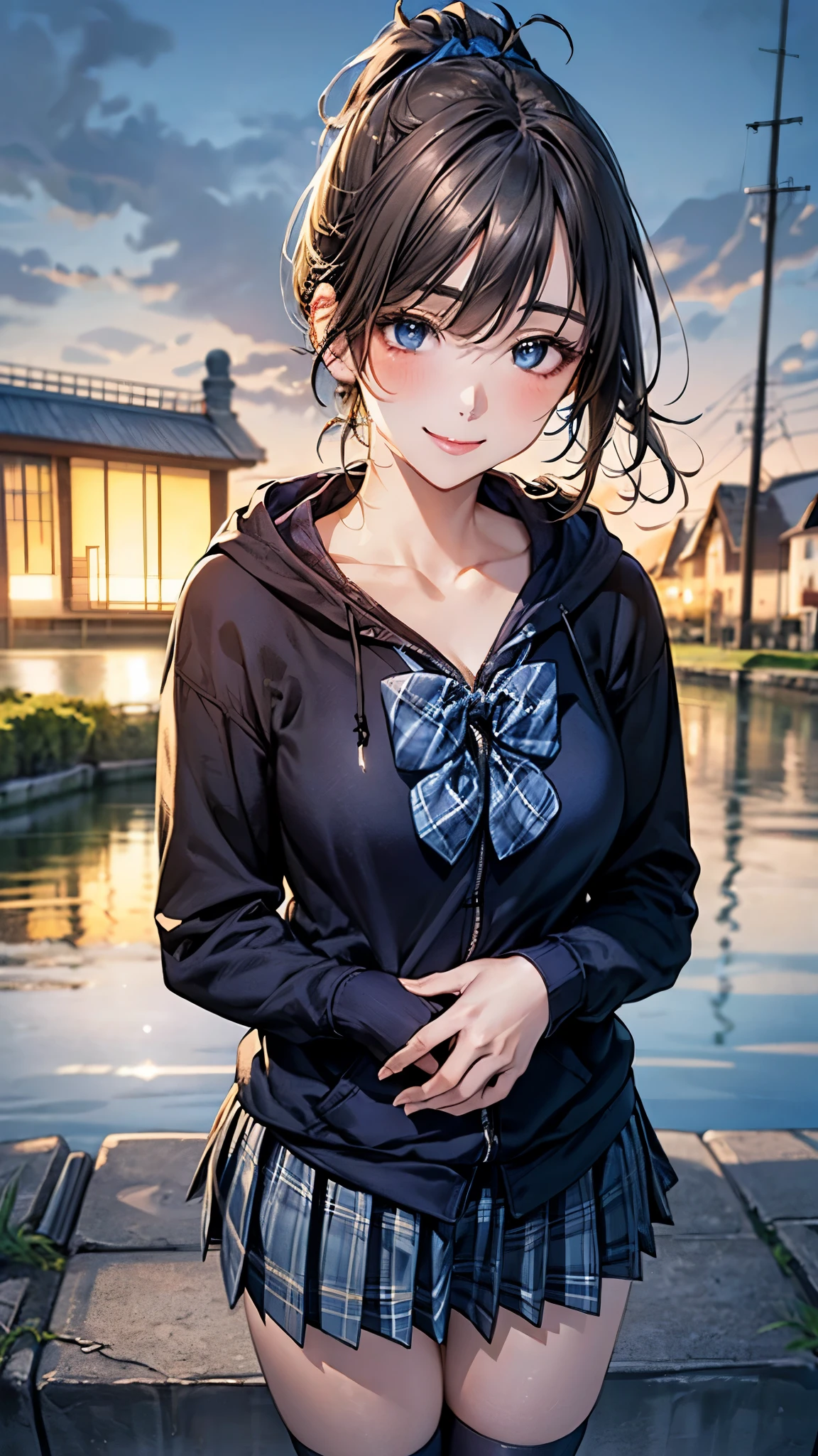 (masterpiece:1.2, top-quality), (realistic, photorealistic:1.4), beautiful illustration, (natural side lighting, movie lighting), 
looking at viewer, full body, front view, 1 girl, japanese, high school girl, perfect face, cute and symmetrical face, shiny skin, 
(short hair:1.2, ponytail:1.2, sidelocks, brown hair), hair between eyes, blue eyes, long eye lasher, (large breasts:0.6, seductive thighs), 
beautiful hair, beautiful face, beautiful detailed eyes, beautiful clavicle, beautiful body, beautiful chest, beautiful thigh, beautiful legs, beautiful fingers, 
(((black hoodies, open hoodies), long sleeve white collared shirts, navy pleated skirt, white loose socks, blue plaid bow tie ,)), 
(beautiful scenery), evening, riverside, (hand in my pocket), , (lovely smile, upper eyes), 